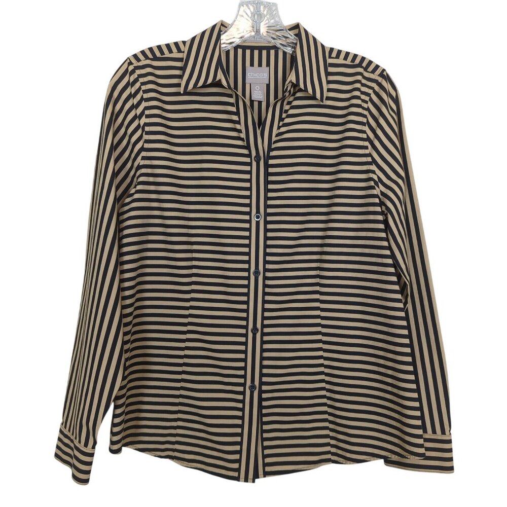 Chicos Blouse Sz 0 Sz 4 Black Tan‎ Stripe Button-Down Shirt long sleeve collared